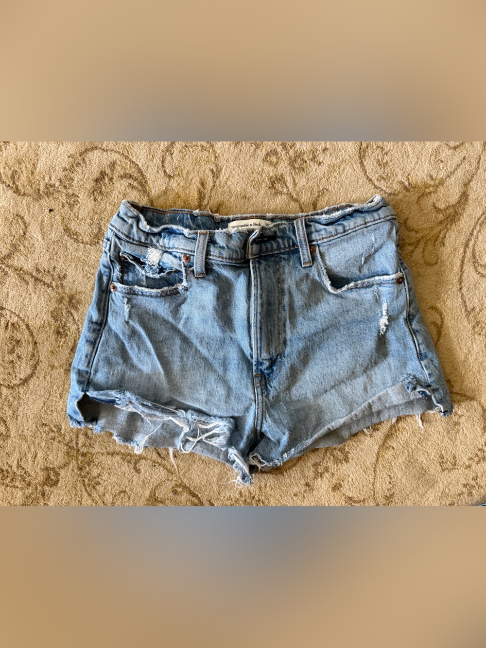 Abercrombie & Fitch The Mom Hi Rise Light Blue Distressed Denim Cutoff Shorts